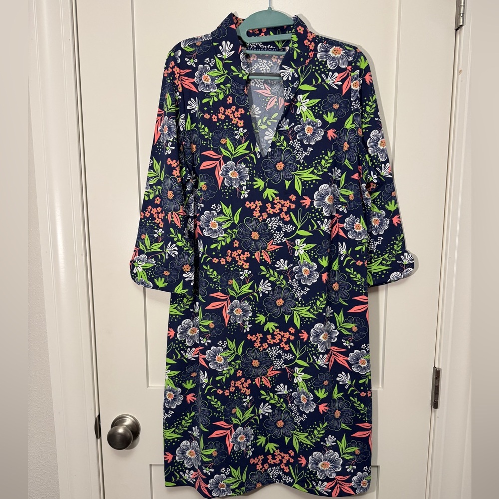 Navy Floral V-Neck Shirt Dress with Pink & Green Accents